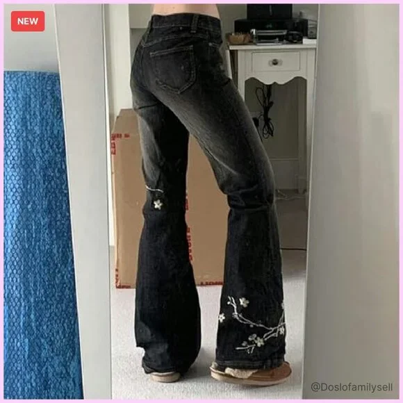 Stretchy Flare Jeans Mid Rise Embroidery Vintage Denim Y2K Retro - Picture 6 of 8
